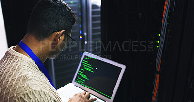Buy stock photo Server room, laptop and screen for coding, cybersecurity update or online machine system. IT support, data center and technician man or engineer for network, information technology and solution