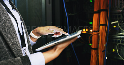 Buy stock photo Hands, woman and database on tablet in server room for software, update system and testing. Programmer, digital and IT inspection for technical engineering, network security and hardware maintenance