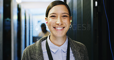 Buy stock photo Server room, portrait and woman technician for cybersecurity update or online machine system. IT support, data center and smile of happy engineer for network, information technology and solution