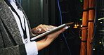 Hands, woman and engineer on tablet in server room for diagnostics, update system and backup. Programmer, digital and IT inspection of technical engineering, network security and hardware maintenance