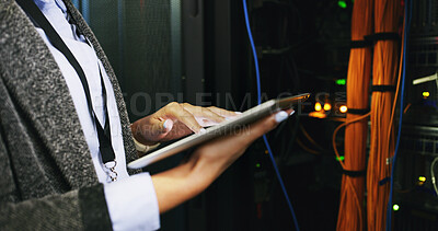 Buy stock photo Hands, woman and engineer on tablet in server room for diagnostics, update system and backup. Programmer, digital and IT inspection of technical engineering, network security and hardware maintenance