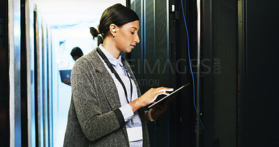 Buy stock photo Woman, engineer and tablet in server room for software, update system and diagnostics repair. Programmer, digital and IT inspection of technical engineering, network security and hardware maintenance