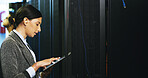Inspection, maintenance and woman with tablet in control room for technical support in office. Digital technology, database and female IT professional board system for checking cybersecurity server.