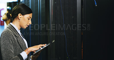Buy stock photo Inspection, maintenance and woman with tablet in control room for technical support in office. Digital technology, database and female IT professional board system for checking cybersecurity server.