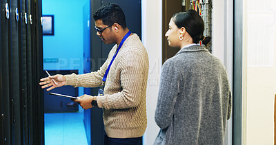 Buy stock photo Maintenance, team or people in server room for hardware inspection, software update or checklist. Datacenter, planning or cloud computing with IT programmer for problem solving, cybersecurity or back