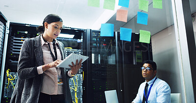 Buy stock photo Woman, tablet and planning with man in server room, discussion and notes for IT solution at company. People, cybersecurity and team with tech, app and information technology for diagnostics test