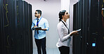 Man, woman and tablet with team in server room for technical support, software update or online maintenance. Inspection, collaboration and upgrade with information technology solution in data center