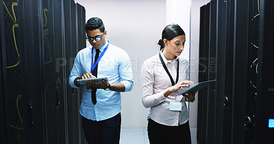 Buy stock photo Man, woman and tablet in server room, inspection and checklist for IT solution at company. People, cybersecurity team and hardware with tech, app and information technology for system maintenance
