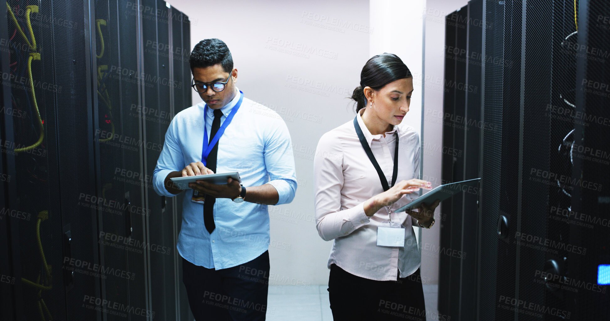 Buy stock photo Man, woman and tablet in server room, inspection and checklist for IT solution at company. People, cybersecurity team and hardware with tech, app and information technology for system maintenance