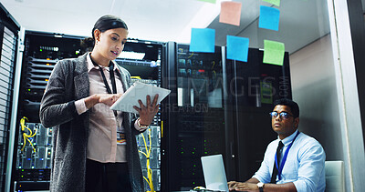 Buy stock photo Woman, tablet and talk with man in server room, programming or glass wall for IT solution at company. People, planning and talk with tech, application or information technology for system maintenance