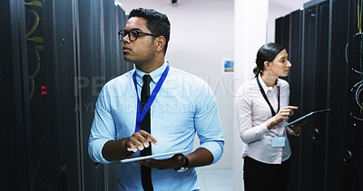 Buy stock photo Man, woman and tablet in server room, storage and checklist on app for IT solution at company. People, cybersecurity team and system assessment with tech, review and information technology at agency