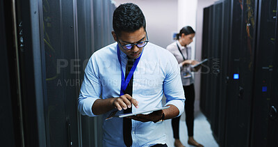 Buy stock photo Inspection, maintenance and tablet with man in server room for cybersecurity support. App, database and mainframe with IT professional people in networking hub for service or technical engineering