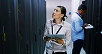 Woman, tablet and inspection in server room, storage and checklist for IT solution at company. People, cybersecurity team and system assessment with tech, review and information technology at agency