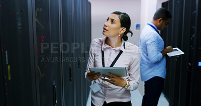 Buy stock photo Woman, tablet and inspection in server room, storage and checklist for IT solution at company. People, cybersecurity team and system assessment with tech, review and information technology at agency