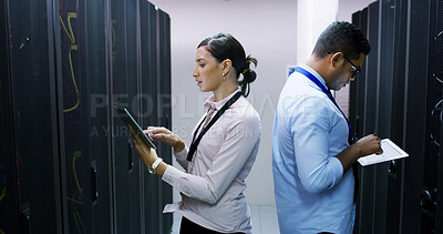 Buy stock photo Man, woman and tablet with teamwork in server room for technical support, software update or online maintenance. Inspection, partner and upgrade with information technology solution in data center