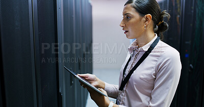 Buy stock photo Inspection, mainframe and tech support with woman in server room for cybersecurity or maintenance. Database, infrastructure and tablet with IT professional in network hub for firewall engineering