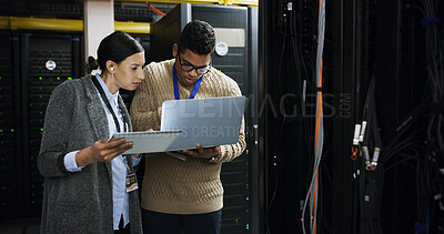 Buy stock photo Laptop, engineer and team discussion in datacenter for firewall upgrade or IT maintenance. Server room, collaboration and people with tablet for software diagnostics, cybersecurity or problem solving