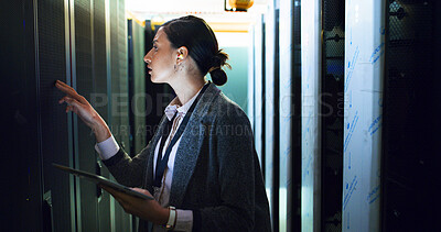 Buy stock photo Cybersecurity, inspection or woman on tablet for server room, repair or maintenance. Information technology, programming or IT technician in data circuit for troubleshooting, backup or control panel
