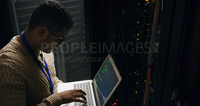 Buy stock photo Server room, laptop and technician man for coding, cybersecurity update or online machine system. IT support, data center and screen of engineer for network, information technology and service