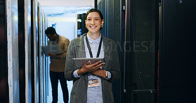 Buy stock photo Server room, portrait and woman technician with tablet for cybersecurity, update and machine system. IT support, data center and smile of engineer for network, information technology and solution