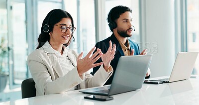 Buy stock photo Woman, call center and laptop with explaining for customer service, coworking and advice with client. Discussion, communication and consultant with colleague by pc for CRM, hand gesture or help desk