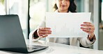 Documents, hands and woman in office, laptop and review for budget report, taxes and audit. Closeup, person or employee with paperwork, financial advisor or portfolio for profit growth and revenue