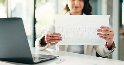 Buy stock photo Documents, hands and woman in office, laptop and review for budget report, taxes and audit. Closeup, person or employee with paperwork, financial advisor or portfolio for profit growth and revenue