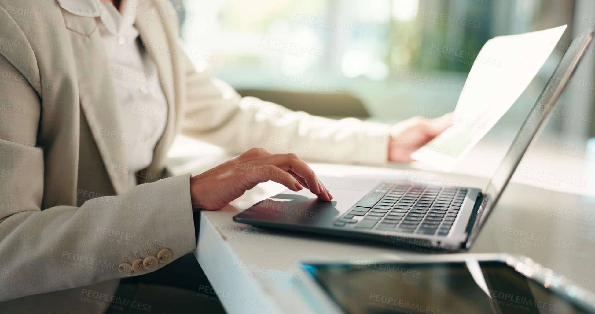 Buy stock photo Hands, business woman and laptop with document for typing, comparison and accounting. Accountant, paperwork and person with technology for data entry, finance management and revenue growth in office