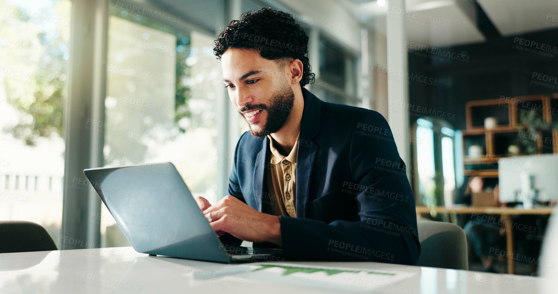 Buy stock photo Laptop, research and businessman in office with data, charts or graphs for finance statistics. Computer, happy and male financial manager with profit, revenue or forecasting for investment planning.