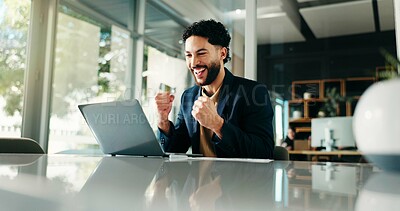 Buy stock photo Laptop, success and fist pump with business man in office for profit, stock market growth and bonus. Portfolio manager, good news and celebration with person in financial agency for trading target