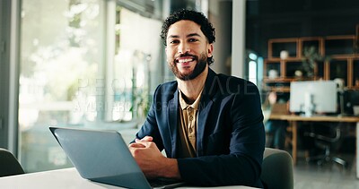 Buy stock photo Portrait, business and man with smile, laptop and research for article, planning and online schedule. Face, happy person and journalist in workplace, computer and editor with network and proofreading