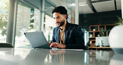 Buy stock photo Laptop, reading and businessman in office with research for investment proposal with client email. Professional, happy and male finance manager with computer for company budget planning in workplace.