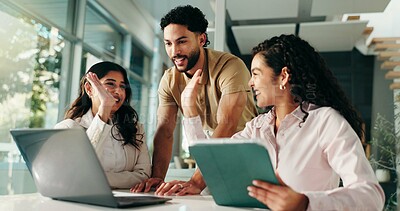 Buy stock photo Teamwork, business people and high five with tablet for celebration, milestone or accomplishment. Happy workers, group and success with laptop in office for good news, goal achievement or winning