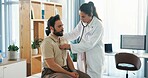 Hospital, listening and doctor with stethoscope for man for diagnosis, consulting and breath exam. Healthcare, clinic and patient with tools for cardiology, pulmonary service and medical checkup