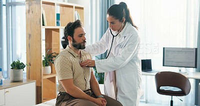 Buy stock photo Hospital, listening and doctor with stethoscope for man for diagnosis, consulting and breath exam. Healthcare, clinic and patient with tools for cardiology, pulmonary service and medical checkup