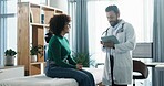Tablet, consultation and woman with doctor in clinic for healthcare records with treatment plan. Digital technology, checkup and medical worker with patient for research on diagnosis in hospital.