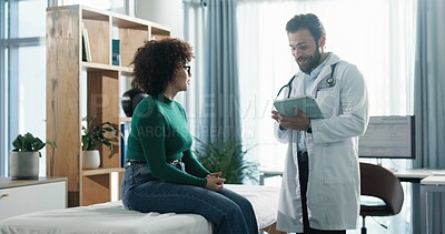 Buy stock photo Tablet, consultation and woman with doctor in clinic for healthcare records with treatment plan. Digital technology, checkup and medical worker with patient for research on diagnosis in hospital.
