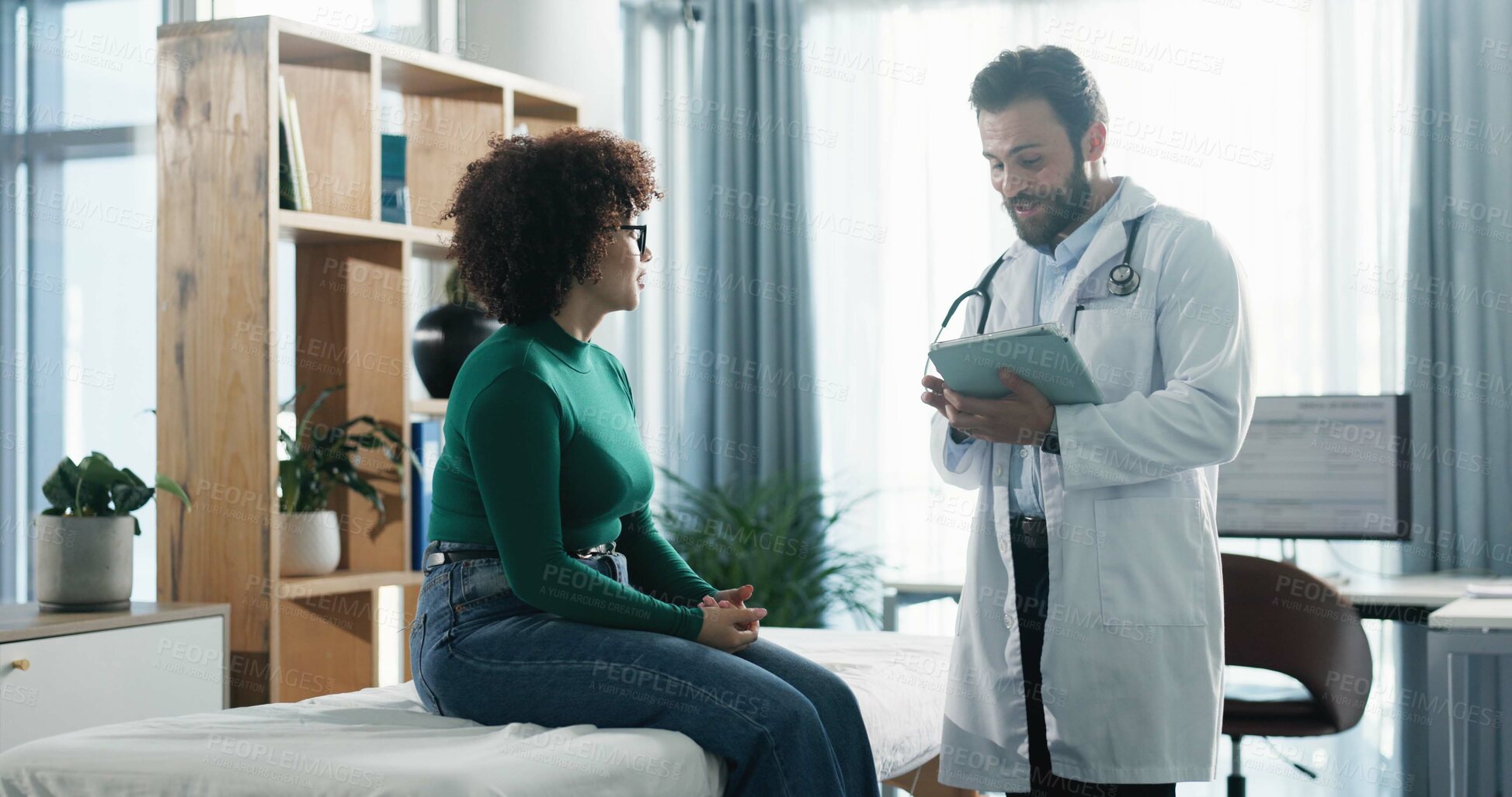 Buy stock photo Tablet, consultation and woman with doctor in clinic for healthcare records with treatment plan. Digital technology, checkup and medical worker with patient for research on diagnosis in hospital.