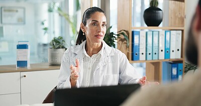 Buy stock photo Woman, doctor and consulting with patient for health advice, diagnosis or checkup at clinic office. Female person, medical worker or advisor talking to client for healthcare treatment or procedure