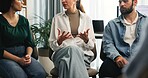 Therapy, discussion and group of business people in office for stress management, psychology or meeting. Conversation, counseling support and therapist with employees for mental health in workplace.