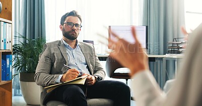 Buy stock photo Patient, man and talking to therapist at counseling session, medical advice and assessment notes. Person, explain and consultation with psychologist, evaluation and information for recovery treatment