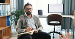 Man, therapist and listen to patient for counseling session, medical advice and assessment notes. Person, explain and consultation with psychologist, evaluation and information for recovery treatment
