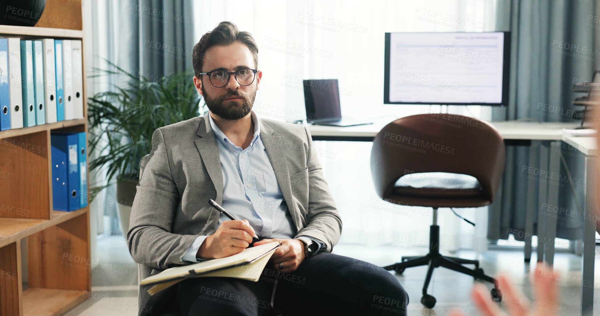 Buy stock photo Man, therapist and listen to patient for counseling session, medical advice and assessment notes. Person, explain and consultation with psychologist, evaluation and information for recovery treatment