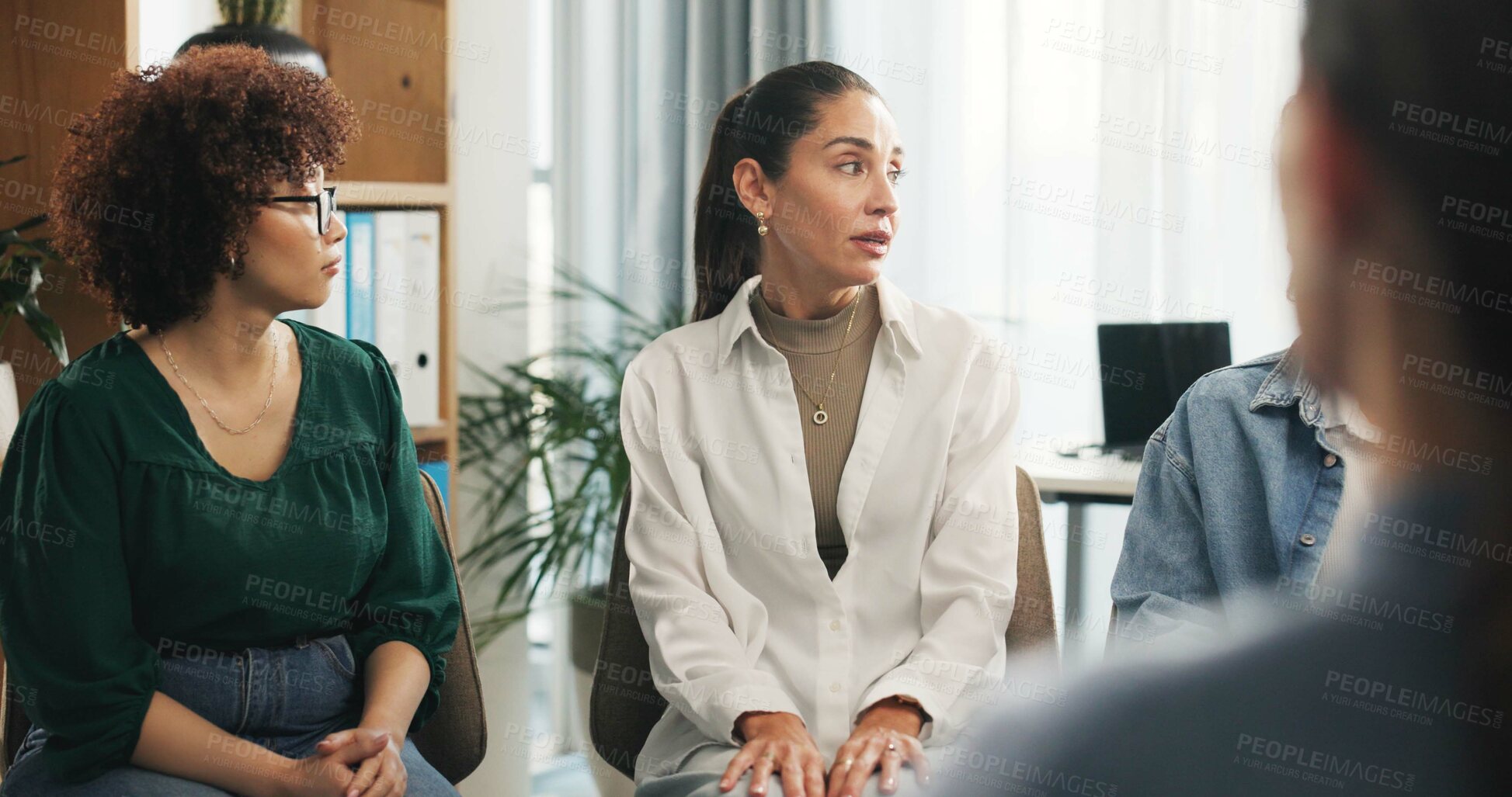 Buy stock photo Woman, talk and support group with therapy in workplace for mental health, listen and empathy at office. Business people, discussion and circle for solidarity, counselling session and guidance