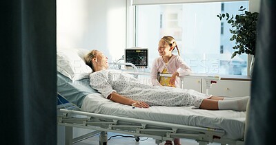 Buy stock photo Sick, mother and visit of child at hospital for support, medical recovery and post surgery. Smile, kid and comfort with woman for care after operation, healthcare services and healing from procedure