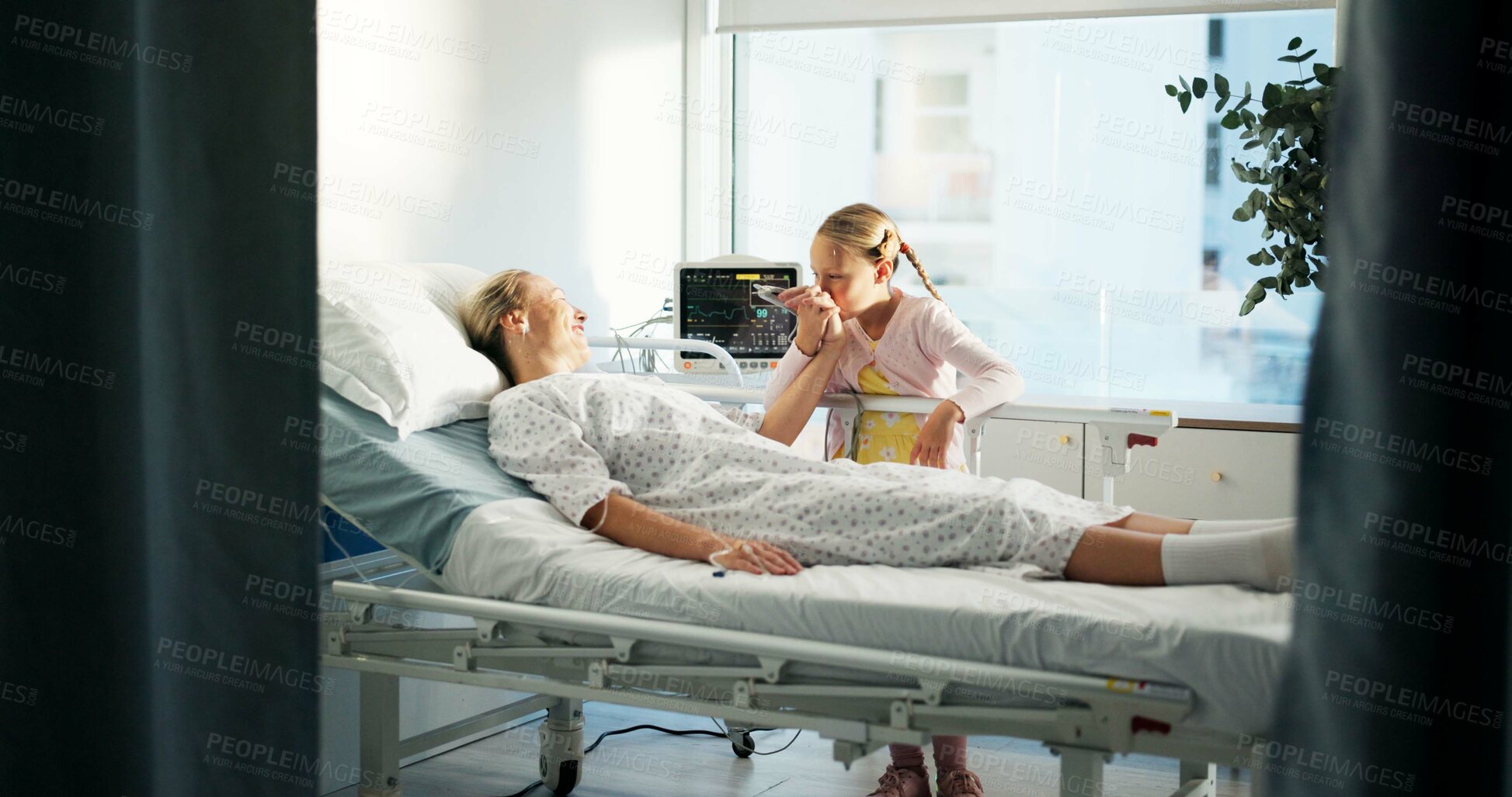 Buy stock photo Sick, mother and child holding hands at hospital for support, medical recovery and post surgery. Kid, kiss and comfort woman for care after operation, healthcare services and healing from procedure
