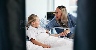 Buy stock photo Healthcare, happy woman and child in bed with holding hands, support and care in recovery. Smile, mother and daughter in hospital for treatment, surgery success and single parent comforting with love