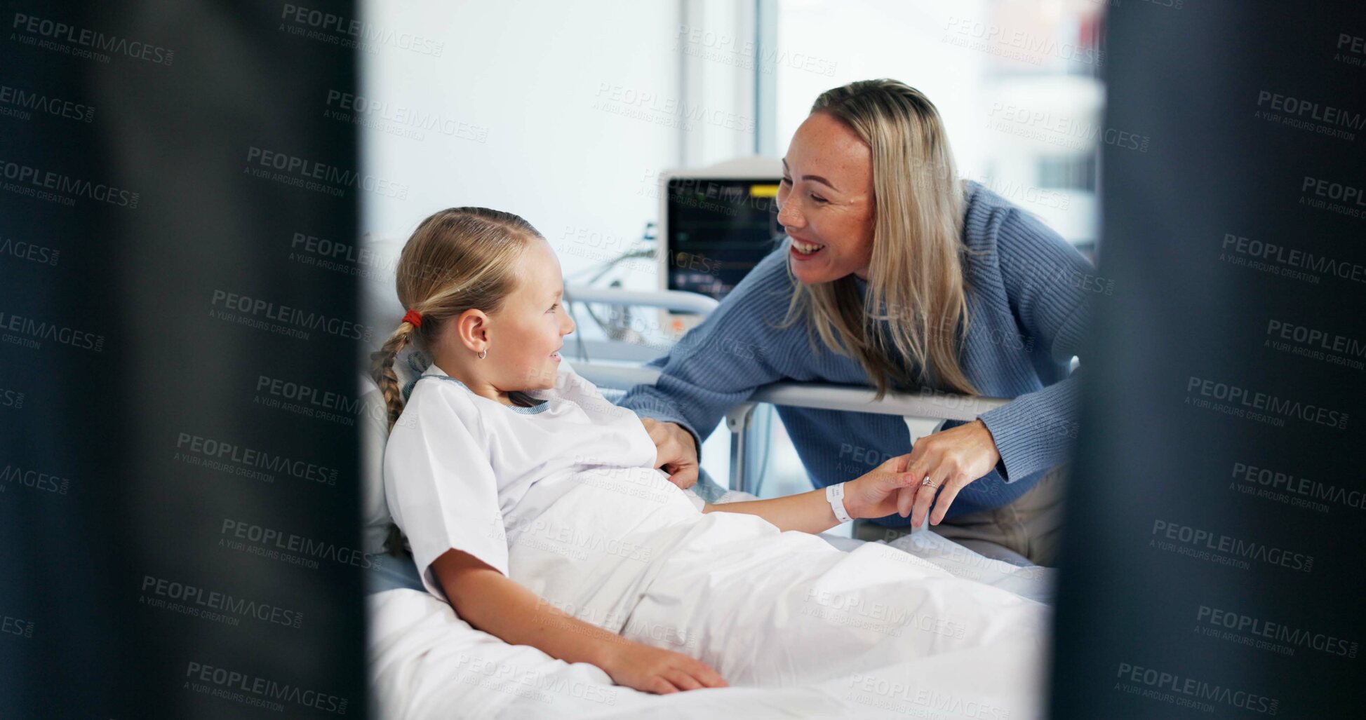 Buy stock photo Healthcare, happy woman and child in bed with holding hands, support and care in recovery. Smile, mother and daughter in hospital for treatment, surgery success and single parent comforting with love
