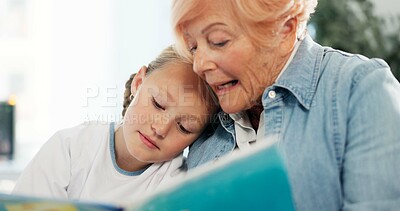 Buy stock photo Grandmother, sick kid and reading book in hospital for support, love and fantasy. Medical visit, girl and senior woman storytelling in clinic for kindness, comfort or patient in rehabilitation care