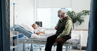 Buy stock photo Sick, child and visit of grandfather at hospital for support, medical recovery and post surgery. Smile, patient and senior man for care after operation, healthcare services and healing from procedure